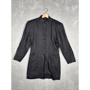 1990s Vintage Claude Montana Black Linen Long Blouse EU 44 Italian Shoulder Pads